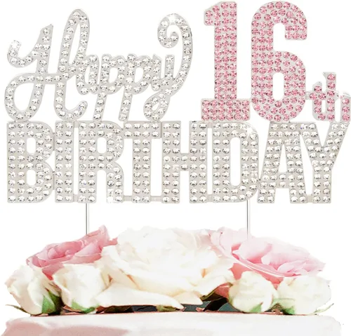 Miniatura 24 de Decoración de pastel de diamantes de imitación rosa y plateado con texto en inglés "Cheers to 11 Years Old Eleven Bday" de metal brillante