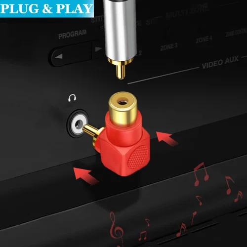 Miniatura 6 de Conectores RCA macho a hembra en ángulo recto, paquete de 12 adaptadores RCA M/F de 90 grados, codo chapado en oro (6 negros + 6 rojos)