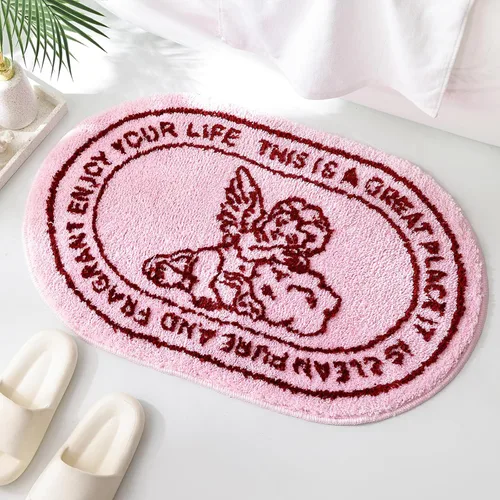 TRUEDAYS Alfombra de baño de ángel rosa, suave, antideslizante, absorbente, rosa, diseño de boceto, elegante, decoración de querubines, para baño,