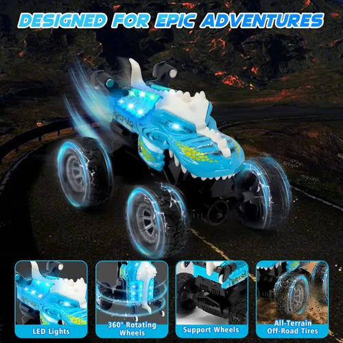 Miniatura 6 de JICUICUI Juguetes de camión monstruo de dinosaurio, camión monstruo de control remoto con luz, mini juguetes de dinosaurio para niños, camión RC