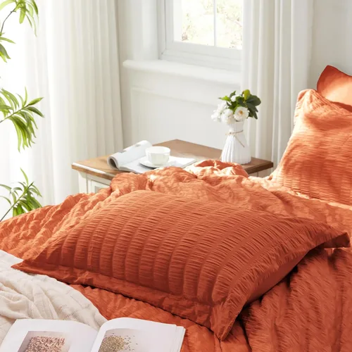 Miniatura 8 de Zzlpp Juego de edredón King de 7 piezas, ropa de cama de seersucker naranja quemado en una bolsa con sábanas, juegos de ropa de cama ligeros con 1
