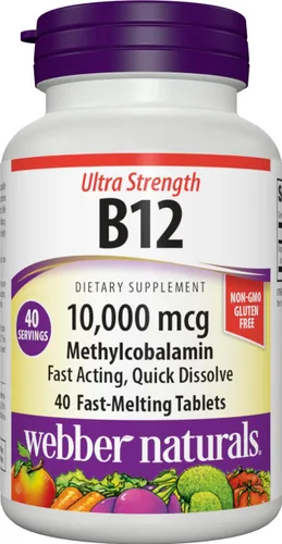 Webber Naturals Vitamina B12 10,000 mcg, ultra fuerte, 40 unidades, tabletas sublinguales B12 de disolución rápida, suplemento vitamínico para apoyo