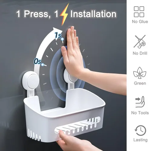 Miniatura 3 de Organizador de ducha de plástico con ventosa, estante de baño, fuerte potencia de succión con ganchos de cerca, estante de cocina, impermeable, a