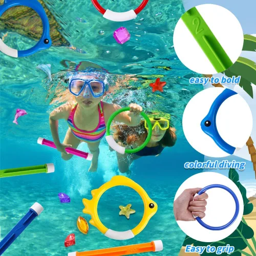 Miniatura 3 de YUJUN 18 piezas de juguetes de buceo y natación para piscina, juegos de verano subacuáticos con peces de piscina, varillas de buceo, anillos, gemas