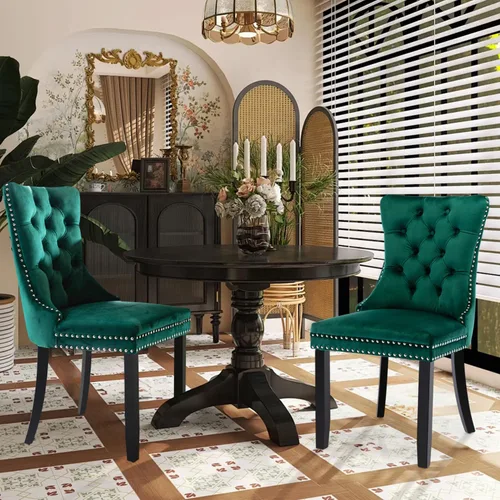 Miniatura 82 de Juego de 2 sillas de comedor tapizadas de terciopelo, sillas laterales de cocina de estilo moderno con ribete de cabeza de clavo y patas de madera