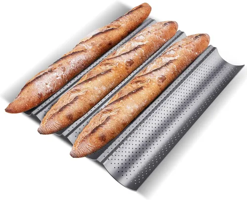 KITESSENSU Moldes antiadherentes para baguettes para hornear pan francés, bandeja de panadería perforada para 4 baguettes, 15" x 13", plateado