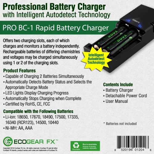 Miniatura 2 de Cargador inteligente de batería de litio dual, carga rápida de iones de litio EcoGear FX - Carga rápidamente 18650, 14500, AAA, AA y la mayoría
