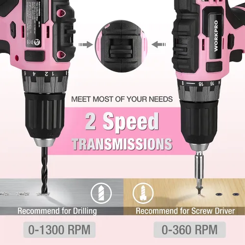 Miniatura 8 de WORKPRO Taladro Atornillador Inalámbrico Rosa de 20V y Juego de Herramientas para el Hogar, Kit de Herramientas Manuales de 141 Piezas