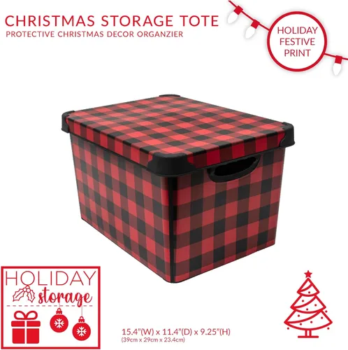 Miniatura 2 de Simplify Contenedor de almacenamiento de diseño a cuadros, bolsa de Navidad, organizador de decoraciones de decoración navideña, diseño de cuadros