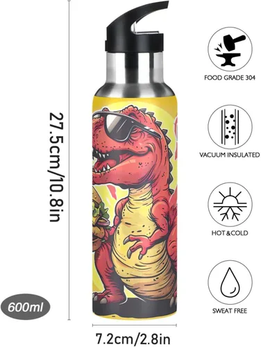 Miniatura 9 de Insulated Stainless Steel Water Bottle with Straw 32 Oz, Leakproof Water Bottles for Gym Outdoor Travel School, Red Dinosaur Hamburger Yellow