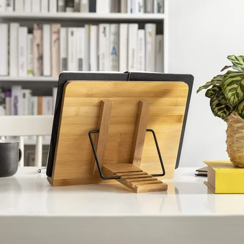Miniatura 5 de wishacc Soporte de libros de bambú, bandeja ajustable para libros y clips de papel para páginas - Escritorio de lectura para libros de cocina