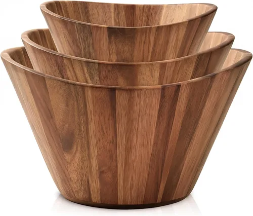 Miniatura 5 de Woodenhouse Juego de 3 cuencos de madera, ensaladera de madera, diseño redondo, grande, para servir, hecho a mano, duradero y elegante, accesorio