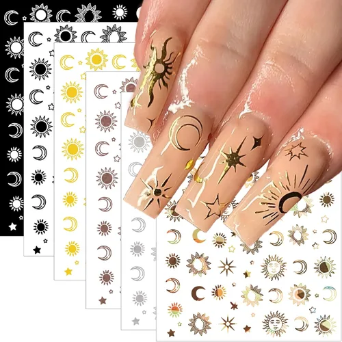 12 hojas de calcomanías para arte de uñas, diseño de sol, luna, estrella, autoadhesivas, 3D, moderno, minimalista, colorido, oro rosa, diseño de