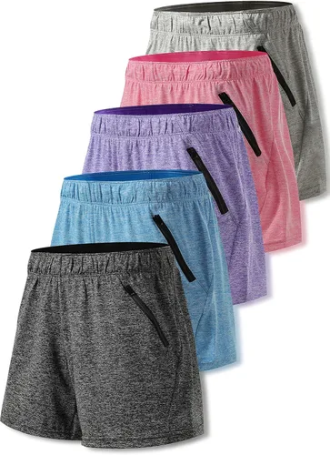 Liberty Imports - Paquete de 5 pantalones cortos de entrenamiento para yoga de 5pulgadas de secado rápido con bolsillos con cremallera para mujer