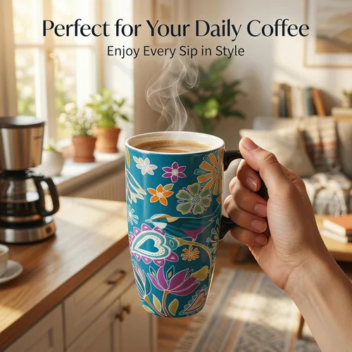 Miniatura 5 de Topadorn Taza de cerámica para café, taza de té de porcelana con tapa, 17 oz, sinfonía floral, pájaro verde