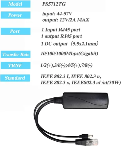 Miniatura 3 de Divisor PoE Gigabit 12V 2A Salida con IEEE 802.3af/at Cumple con el estándar 10,100,1000Mbps Divisor Adaptador de alimentación a través de Ethernet