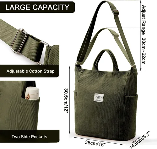 Miniatura 5 de KALIDI Bolso de mano de pana, bolso grande tipo mensajero para hombro, antisalpicaduras, bolsa cruzada con cremallera, casual, trabajo, compras