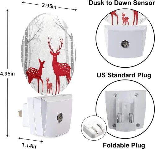 Miniatura 3 de LEDLAMP3009 - Luz nocturna de ciervo con enchufe, color rojo, árbol de abedul, tronco de invierno, cornamenta, vida silvestre, luz nocturna
