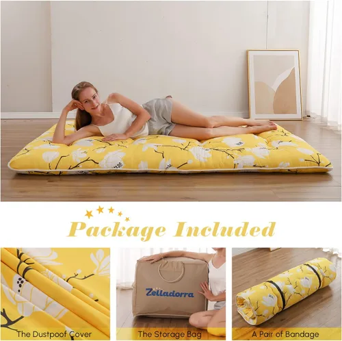 Miniatura 2 de Zelladorra - Colchón japonés de suelo, colchón futón con bolsa de almacenamiento portátil, enrollable, grueso, de tatami, para campamento, Flor