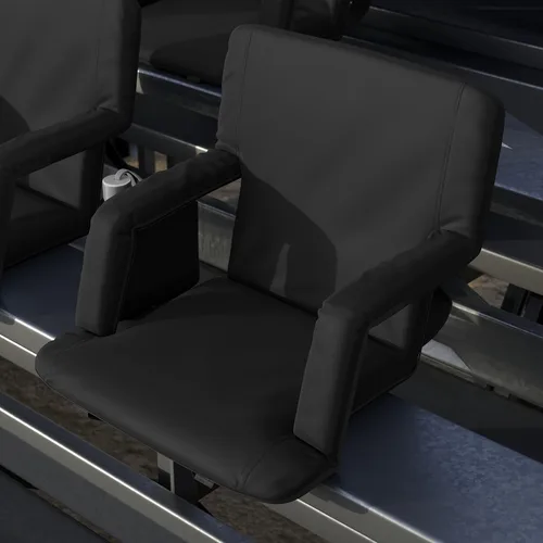 Miniatura 4 de EMMA + OLIVER Silla plegable para estadio con reposabrazos, juego de 2, respaldo y asiento acolchados negros, 6 posiciones reclinables, correas