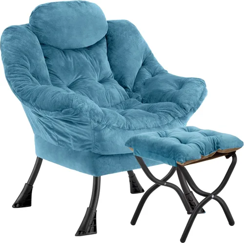 Miniatura 26 de Silla perezosa con otomana plegable, sofá de ocio, sillón de tela suave con reposabrazos y bolsillos laterales, silla de lectura con reposapiés