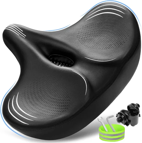 Miniatura 10 de CDYWD Asiento de bicicleta de gran tamaño para hombres y mujeres, cojín de asiento de bicicleta extra ancho, cómodo acolchado de ala, sillín