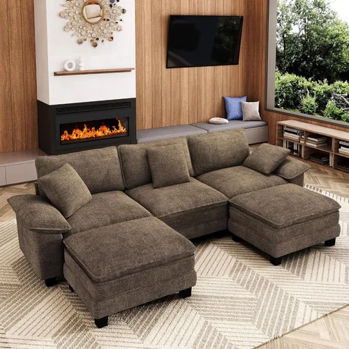 Miniatura 39 de MIXPATIO Sofá modular en forma de L de 123 pulgadas con cojines de nube, juego de sofá modular de asiento profundo con 4 asientos y 1 otomana, Gris