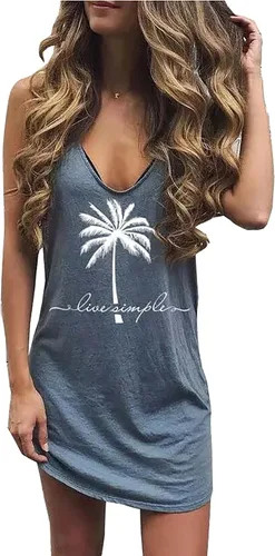 Minivestido corto sin mangas con diseño de árbol de coco y arena y sal para mujer, camisas Praty de playa, para vacaciones de verano