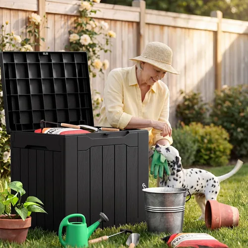 Miniatura 7 de JUMMICO Caja de resina de 31 galones, cajas de almacenamiento impermeables para interiores y exteriores para muebles de patio, cojines y Negro