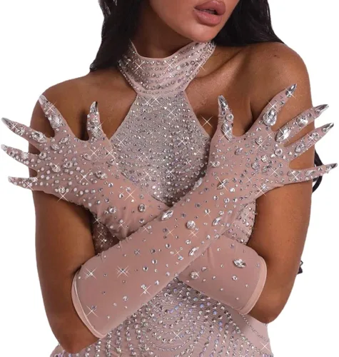 Lujosos guantes elásticos de diamantes de imitación de malla de cristal brillante guantes largos para discoteca baile escenario accesorios para