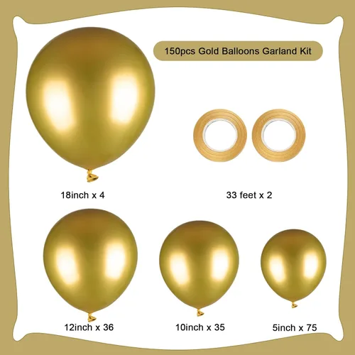Miniatura 2 de Paquete de 150 globos metálicos dorados de diferentes tamaños, 18, 12, 10, 5 pulgadas, kit de arco de guirnalda de globos para cumpleaños, Oro