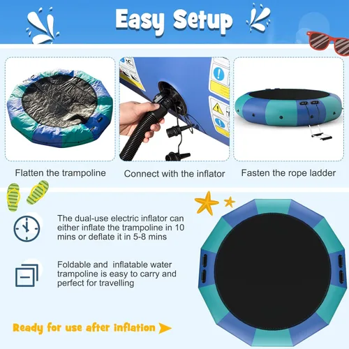 Miniatura 4 de Giantex Trampolín acuático inflable de 10 pies, 12 pies y 15 pies, trampolín flotante con soplador de 500 W y escalera de cuerda de 3 escalones