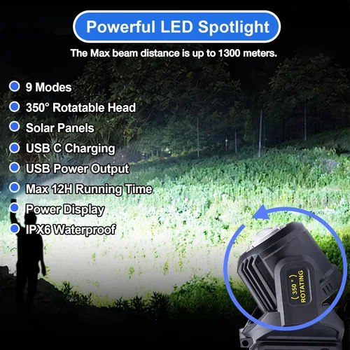 Miniatura 2 de Linterna de foco recargable, 2,000,000 L lúmenes, luz LED de mano con rotación de 350°, 9 modos, carga solar y USB-C, impermeable, linterna