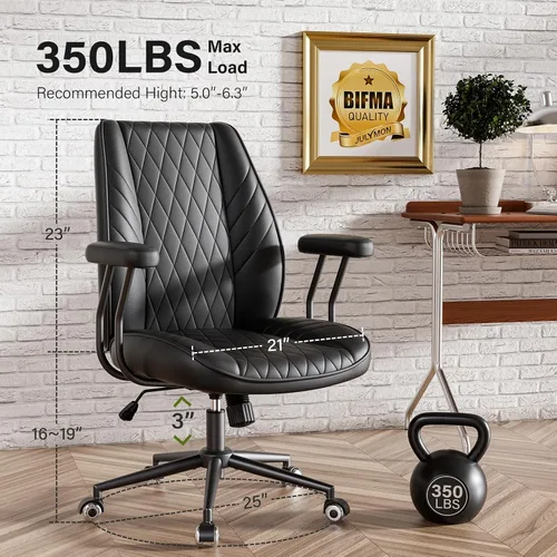 Miniatura 2 de Silla de escritorio de oficina de cuero negro con ruedas de goma silenciosas, altura ajustable, brazos acolchados, silla de oficina vintage