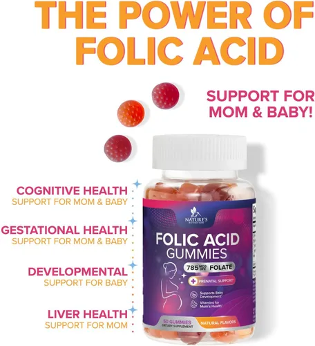 Miniatura 6 de Gomitas de ácido fólico para mujeres, folato de 785 mcg por porción, vitaminas prenatales esenciales para mamá y bebé, suplemento fólico vegano