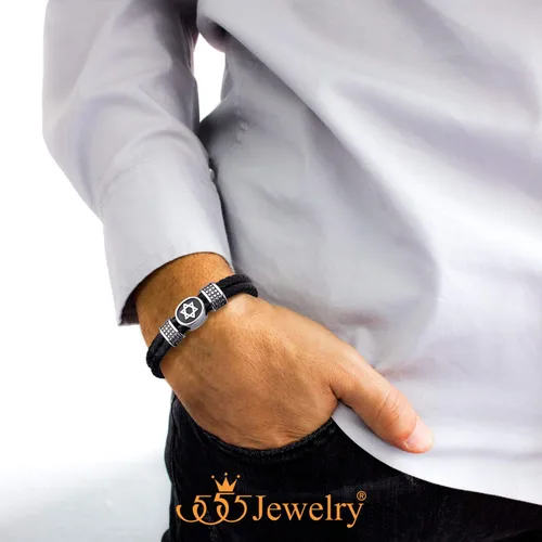 Miniatura 2 de 555Jewelry - Pulsera de piel trenzada de acero inoxidable con diseño de estrella de David para hombre