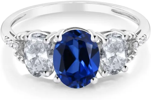 Miniatura 2 de Gem Stone King Anillo de compromiso de 3 piedras de topacio blanco y zafiro de oro blanco de 10 quilates para mujer