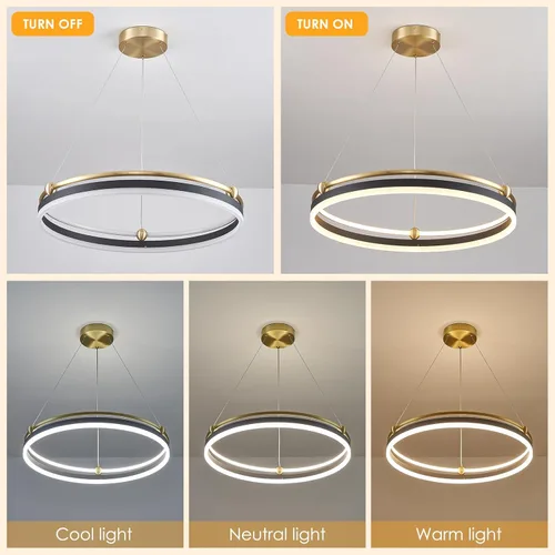 Miniatura 7 de Benkut Lámpara colgante LED moderna D24 pulgadas, color negro dorado, lámpara LED circular regulable, 1 anillo con control remoto, luz colgante