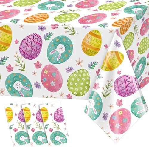 Ragnhild Paquete de 3 manteles de Pascua, decoración de fiesta, mantel de plástico con huevos de Pascua, conejo, decoración de mesa, mantel