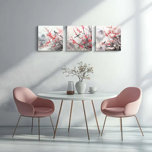 Miniatura 4 de Arte de Pared de Acuarela de Estilo Asiático Tradicional Chino Pájaro en Rama de Flor de Cerezo Roja Decoración Paisaje Floral Oriental Pintura