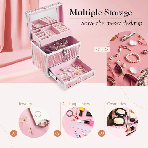 Miniatura 3 de Hododou Caja de maquillaje de joyería para mujer con espejo y bandeja con cerradura para cosméticos estuche de almacenamiento portátil