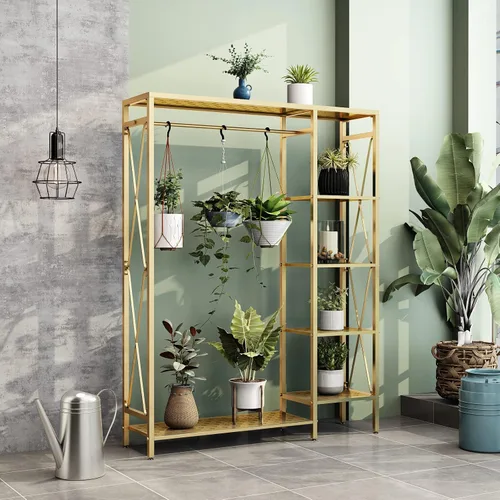 Miniatura 5 de TIEOU Estantes de ropa dorados modernos independientes, estante de ropa dorado con estantes para boutiques, estante de ropa resistente para colgar