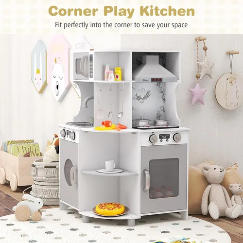 Miniatura 5 de Costzon Cocina de esquina para niños, juego de cocina de madera con circulación de agua, luz y sonido reales, microondas, campana extractora, gris