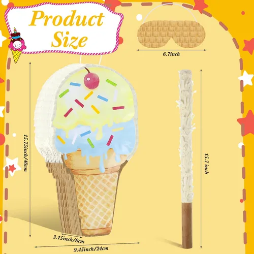 Miniatura 2 de Piñata de helado de 15.8 x 9.5 pulgadas, piñata en forma de cono de helado con barra para fiesta de cumpleaños, fiesta de dulces de verano, baby