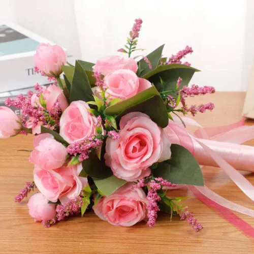 Miniatura 7 de EUBUY Ramos de boda para dama de honor, rosas artificiales blancas de 10.2 pulgadas, juego de ramos de seda de la serie Forest con lazo de cinta