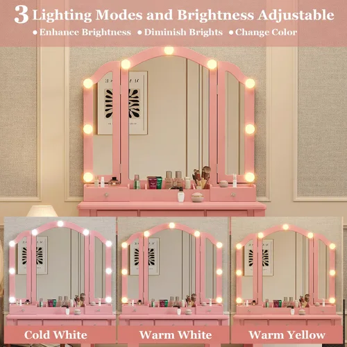 Miniatura 4 de YIXHQ Tocador con luces para niñas, juego de escritorio con cajones, tocador de maquillaje con espejo y luces, tocador de maquillaje rosa