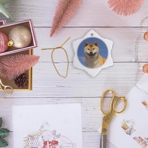 Miniatura 6 de 3 inch Snowflake Porcelain Ornament - USA, California, Bishop. Close-up of Pedigree Shiba Innu Dog Animals