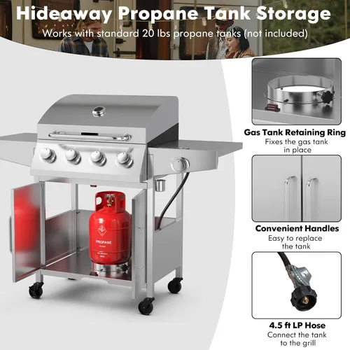 Miniatura 4 de Giantex Parrilla de gas propano de 50,000 BTU, 4 quemadores principales, 1 quemador lateral, 2 mesas de preparación, parrilla de barbacoa de acero