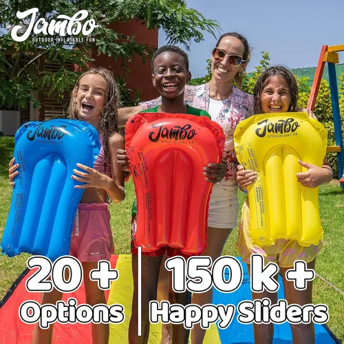 Miniatura 6 de JAMBO 7.3 metros XL Tobogán, Resbaladilla y Aspersor y 2 Tablas de Bodyboard, Tobogán de Agua para Césped de Alta Resistencia, Juguete de Agua