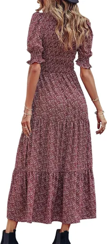 Miniatura 163 de BTFBM Vestidos para mujer, cuello redondo, casual, de verano, con volantes, manga corta, bohemio, con niveles, fruncido, largo, con estampado floral